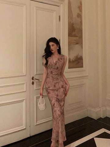 Sheath V Neckline Long Pink Floral Prom Dresses Birthday Outfits Evening Gown SD1002